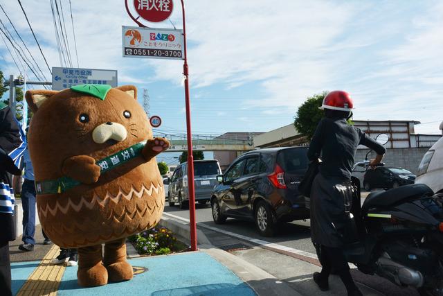 やはたいぬが沿道で通行車両に手を振って安全運転を呼びかけている写真