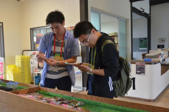お土産を手に取り、選んでいる二人の男性の写真