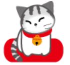 赤の座布団に猫が座ってしっぽを振っているイラスト