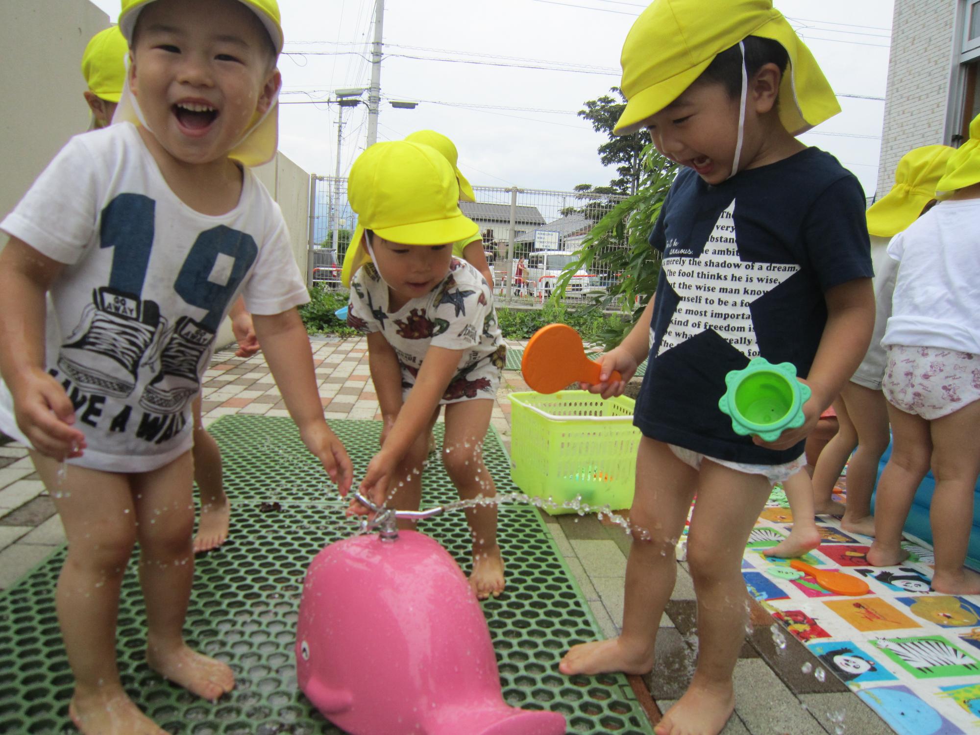 き1組の子ども達が水遊びをしている写真