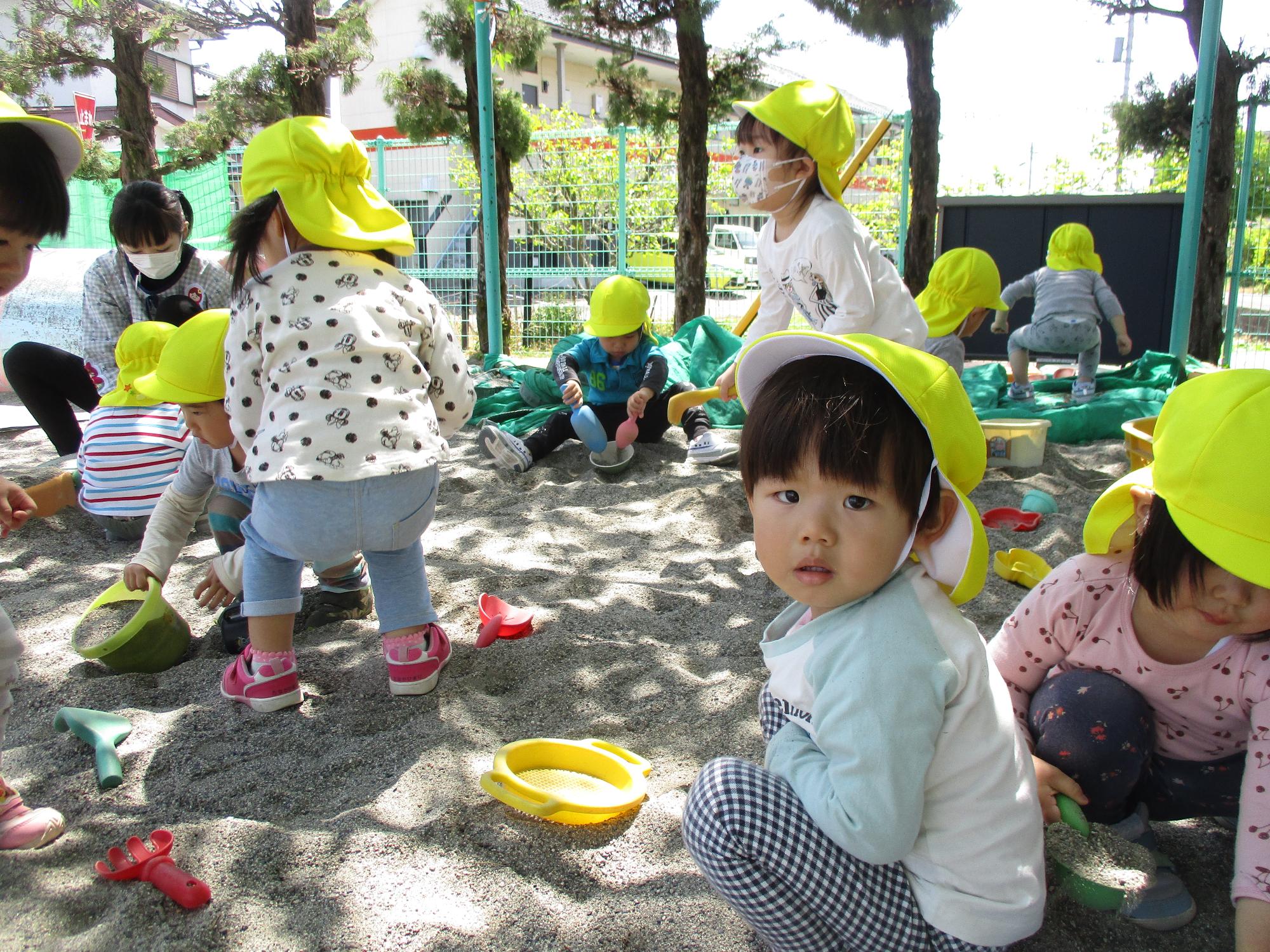 砂遊びを楽しむつぼみ2組の子ども達