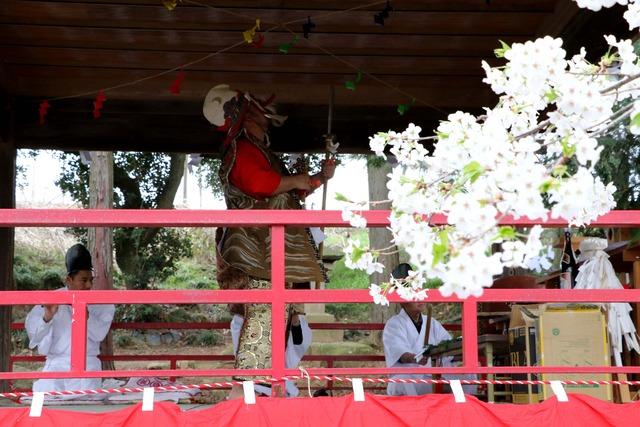 桜の花と神楽を舞っている人の写真