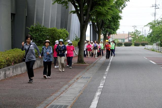 敷島体育館周辺を健康運動指導士の歩き方に倣って参加者が歩いている写真