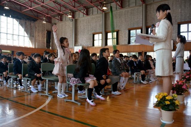 先生に名前を呼ばれ、片手をあげて返事をする女の子の写真