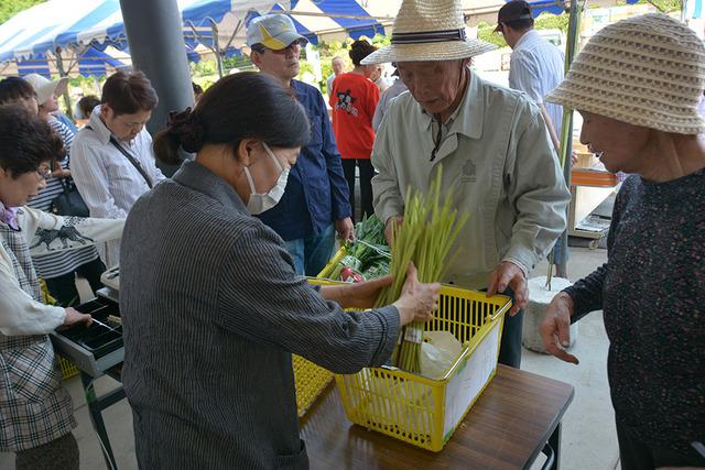 来場者の夫婦が野菜を購入している写真