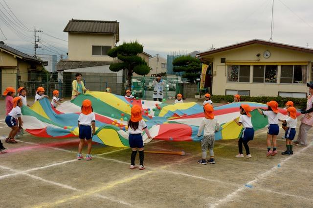 上に色とりどりのボールが乗ったバルーンの端を園児たちが持っている写真