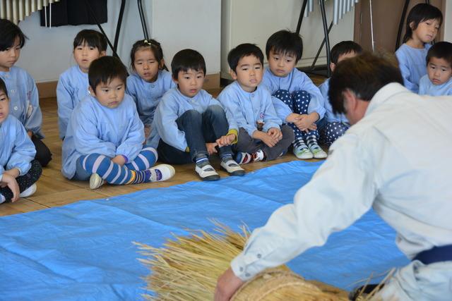 講師の作業を真剣な表情で見つめている園児たちの写真