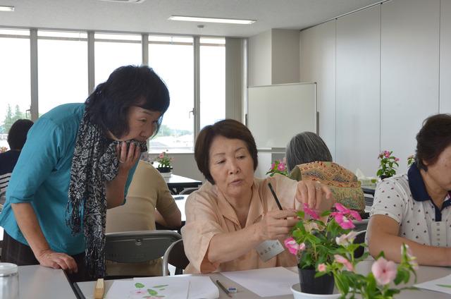 花を触りながら花の絵を描く女性の写真