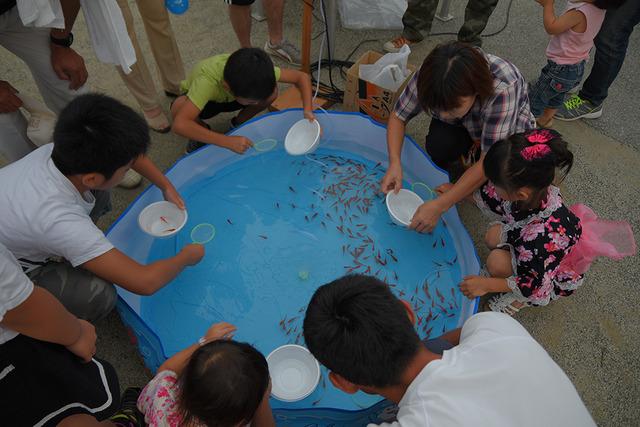 ビニールプールで金魚すくいをする子ども達の写真