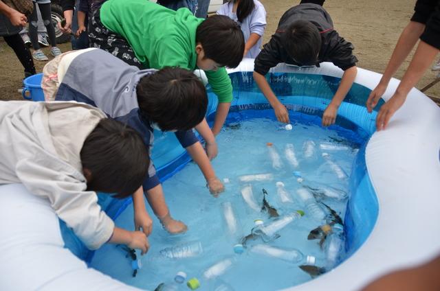 ビニールプールに入ったニジマスをとる子ども達の写真