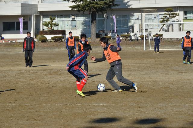 サッカー初蹴り大会でボールを競り合う子供たちの写真