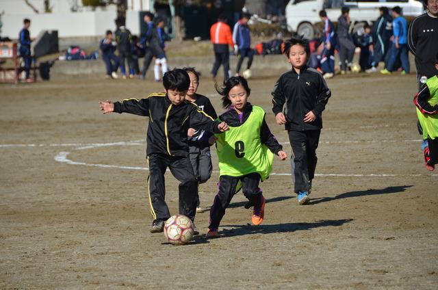 ボールを競り合う小学生の写真