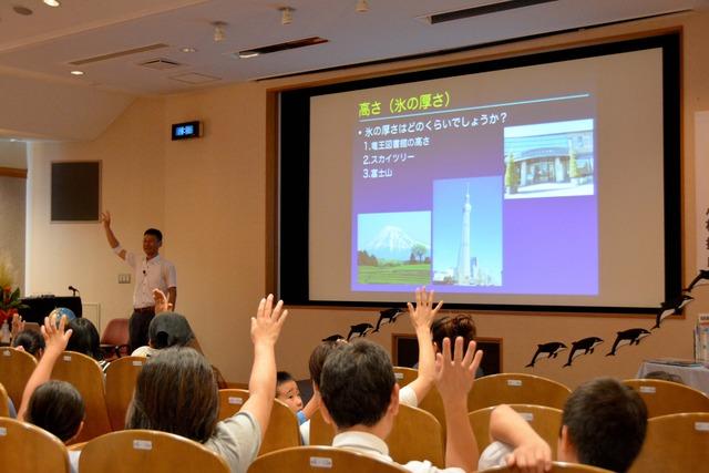 スクリーンに氷の厚さについての質問が映され、多くの聴衆が手を挙げている写真