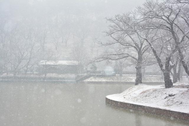 (写真)雪が積もり始めた矢木羽湖の様子