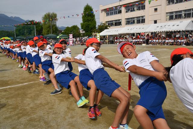 赤帽を被り力いっぱい綱を引いている児童たちの写真