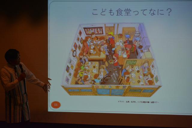 敷島総合文化会館にてスライドで子供食堂の説明をしている写真