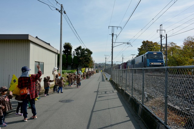 線路の貨物列車に手を振る園児たちの写真