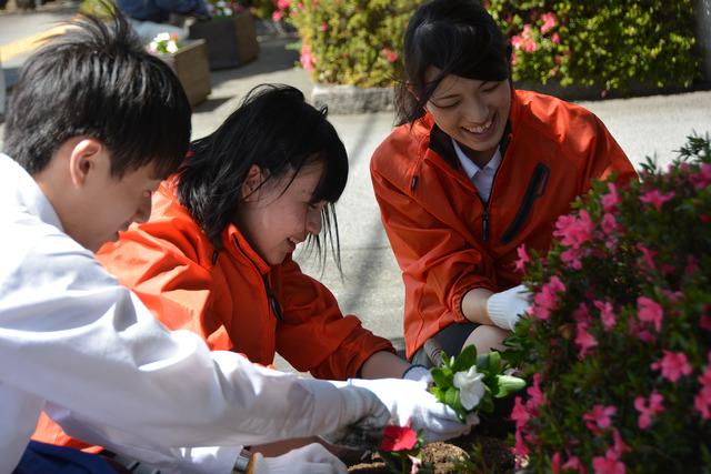 花壇に花を植える女性二人と男性の写真