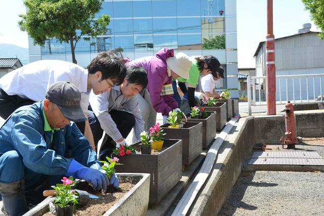 並んだプランターに色とりどりの花を植え付けている人々の写真