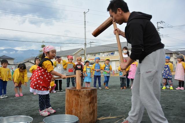 園児と父兄が二人で杵を持ち、餅つきをしている写真