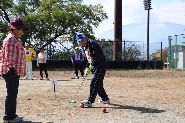 数人はゲートボールをしている写真