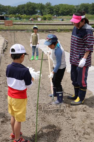 (写真)子供たちが土をならしている様子