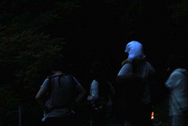 暗闇の中で蛍鑑賞をする人々の写真