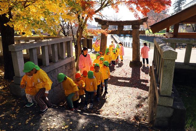 子供達が参道を歩いている写真