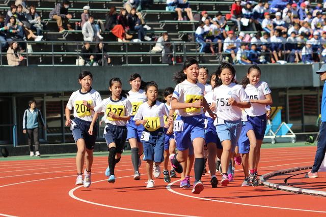 山梨中銀スタジアム陸上競技場にて女子児童たちの800メートル走の写真