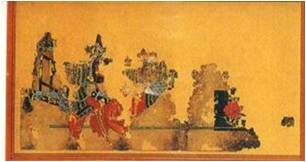 武田信玄の肖像で軍陣の形姿で描かれているが損傷による欠落が生じている写真