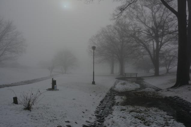 (写真)雪が積もり、太陽がうっすらと顔出す信玄堤公園の様子