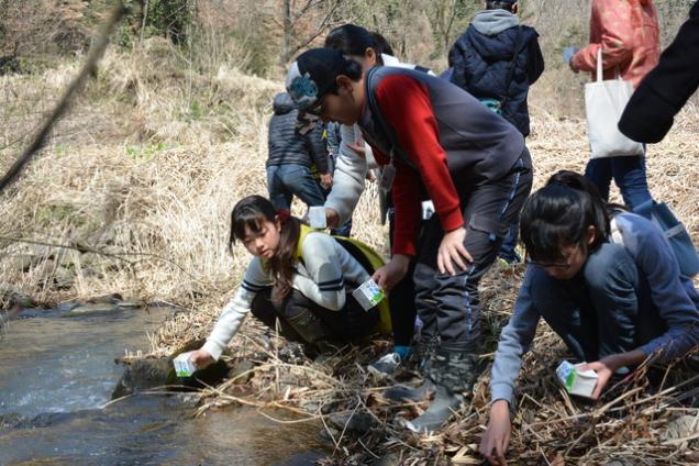 幼虫を特製ケースから放流している児童たちの写真