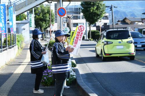 車に向かって啓発運動をする女性たちの写真