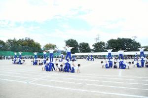 組体操でポーズを決める児童たち