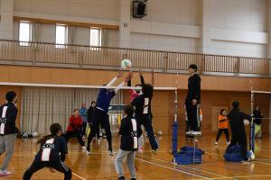 ソフトバレーボール大会でブロックしている様子