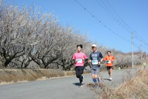 梅を背景に走るランナー3人