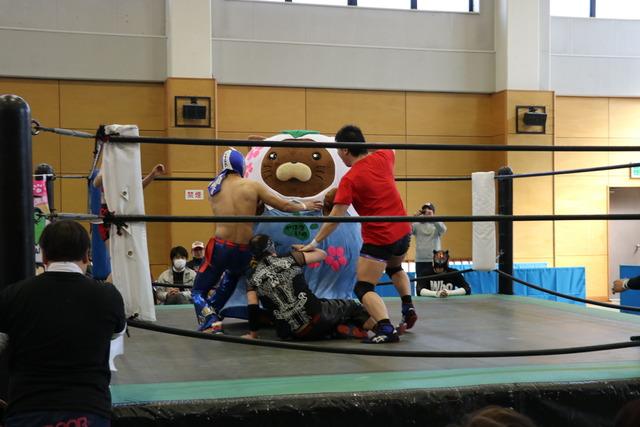 リング上でレスラーたちに技をかけられるやはたいぬの写真