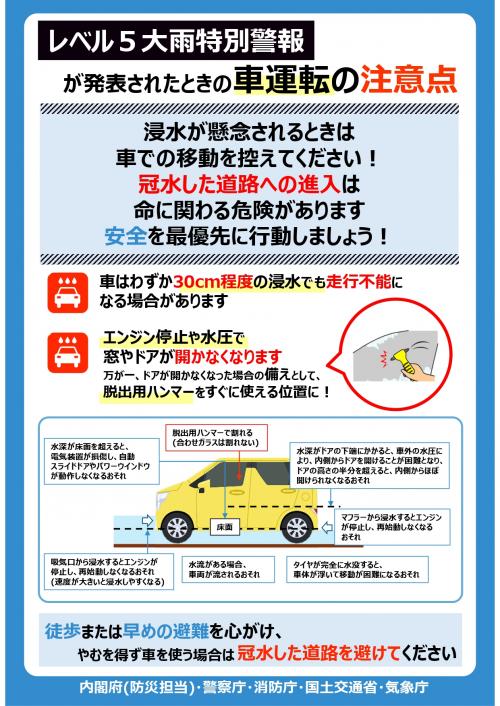 レベル5大雨特別警報が発表されたときの車運転の注意点